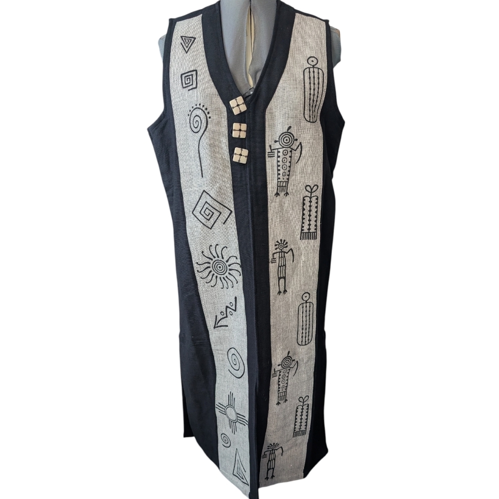 Venus Imports Tribal Artwear Woven Cotton Duster Midi‎ Vest Tan Black XS